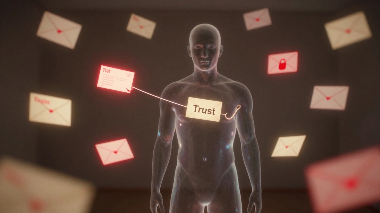 Abstract human figure surrounded by glowing phishing emails pulling at their trust.