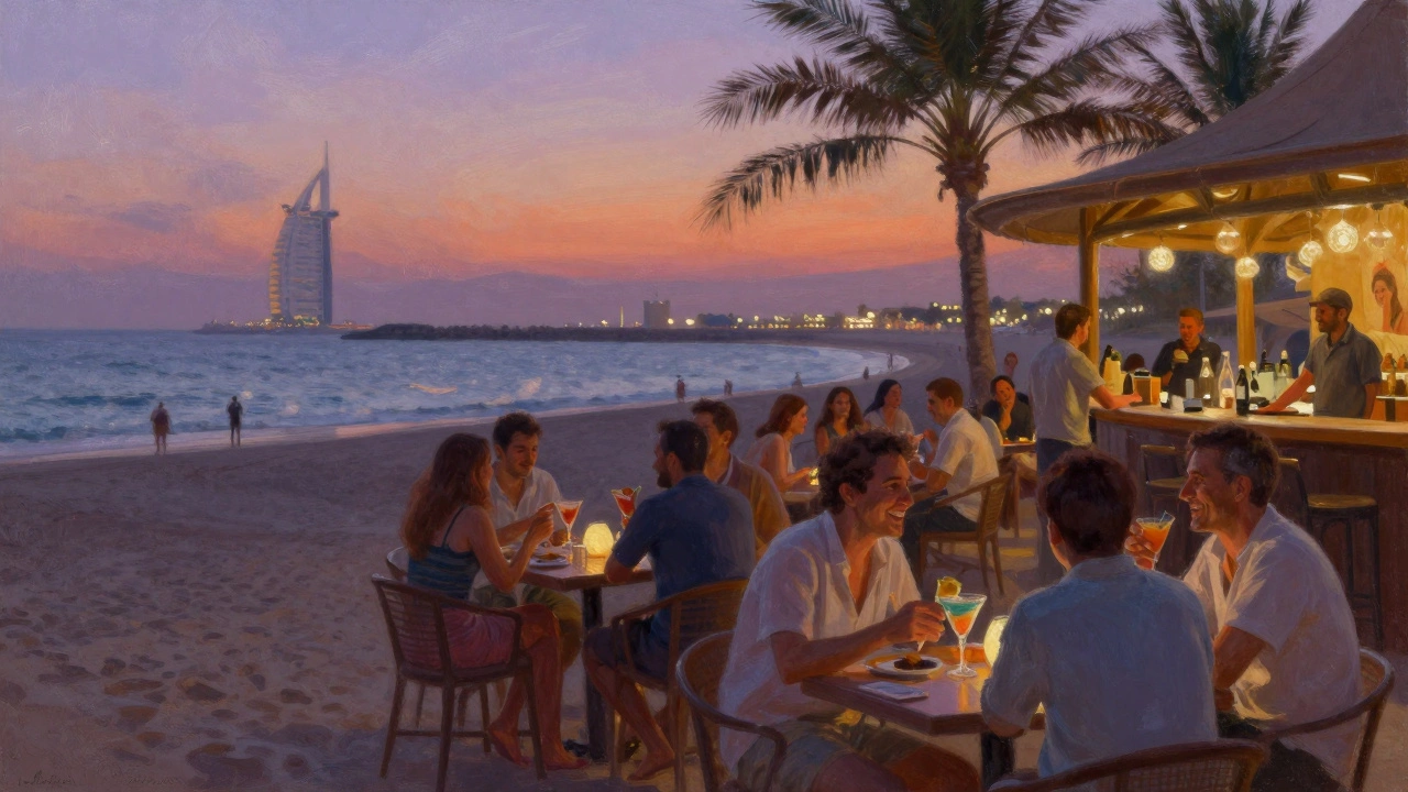 Beachfront bar in Jumeirah at dusk, people relaxing with cocktails and toes in the sand.