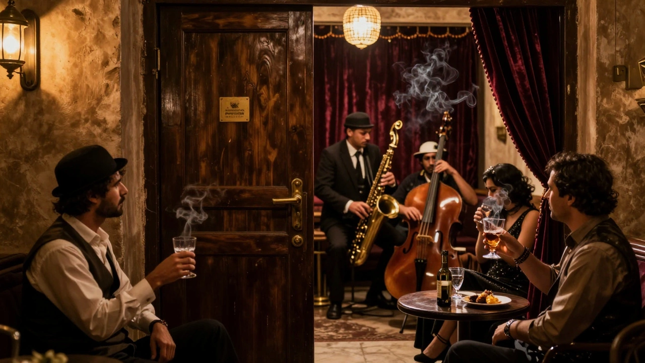 Hidden speakeasy in Dubai with live jazz band and dim amber lighting, guests in vintage attire.