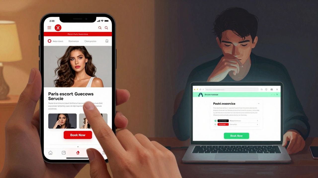Person hesitating over a fake escort website on phone, then verifying URL on laptop.